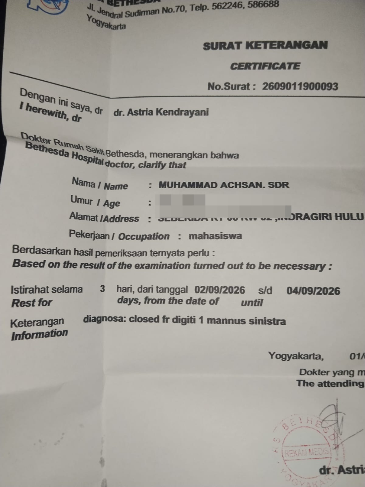 Hospital medical certificate